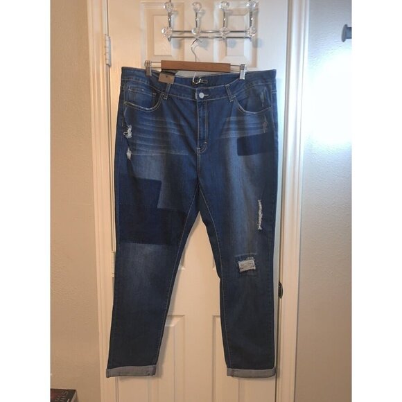 L&B Lucky & Blessed Patchwork Straight Leg Medium Wash Denim Blue Jeans Size 3X - Picture 2 of 10